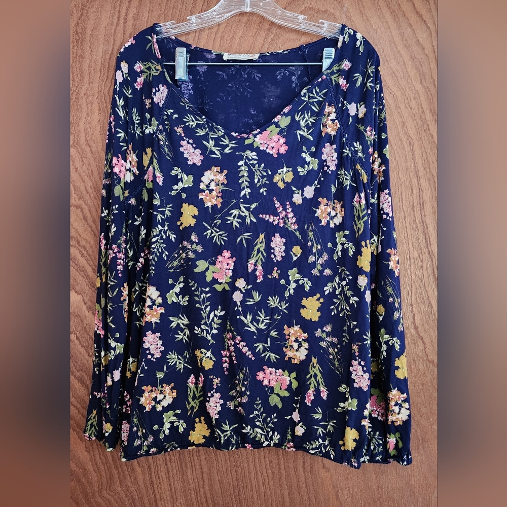 Ruff Hewn Women’s Long Sleeve Top Sz Large Blue Floral Elastic Waist and Cuff